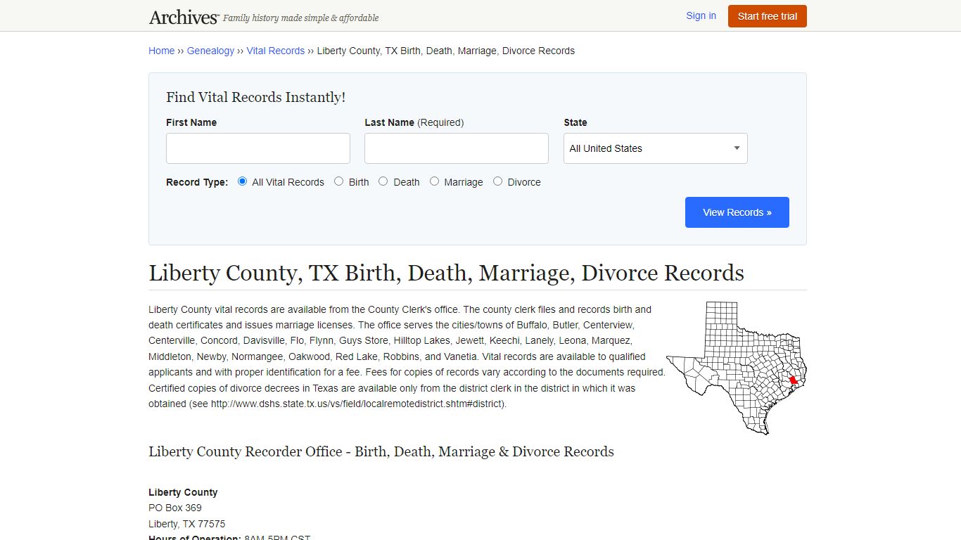 Liberty County, TX Birth, Death, Marriage, Divorce Records